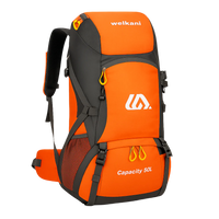 Welkani 50L Waterproof Hiking Backpack in bright orange for high visibility