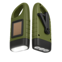 Portable LED flashlight with hand crank and solar panel – front view