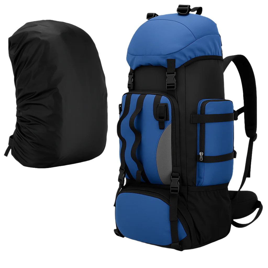 Explorer Blue Vanguard 90L pack – waterproof outdoor style with MOLLE straps