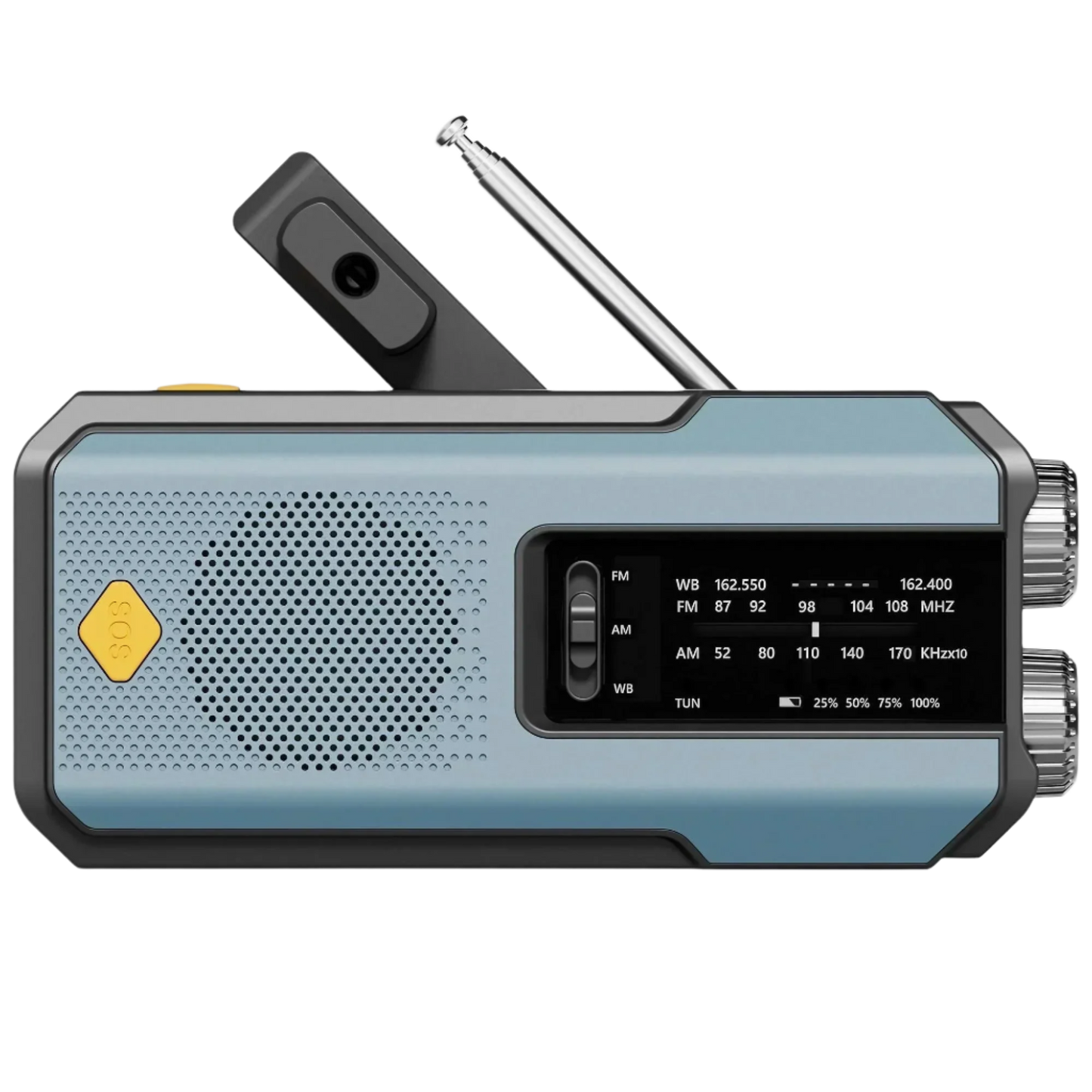 Compact blue emergency radio with SOS alert, USB charging, and LED flashlight – lightweight survival gear