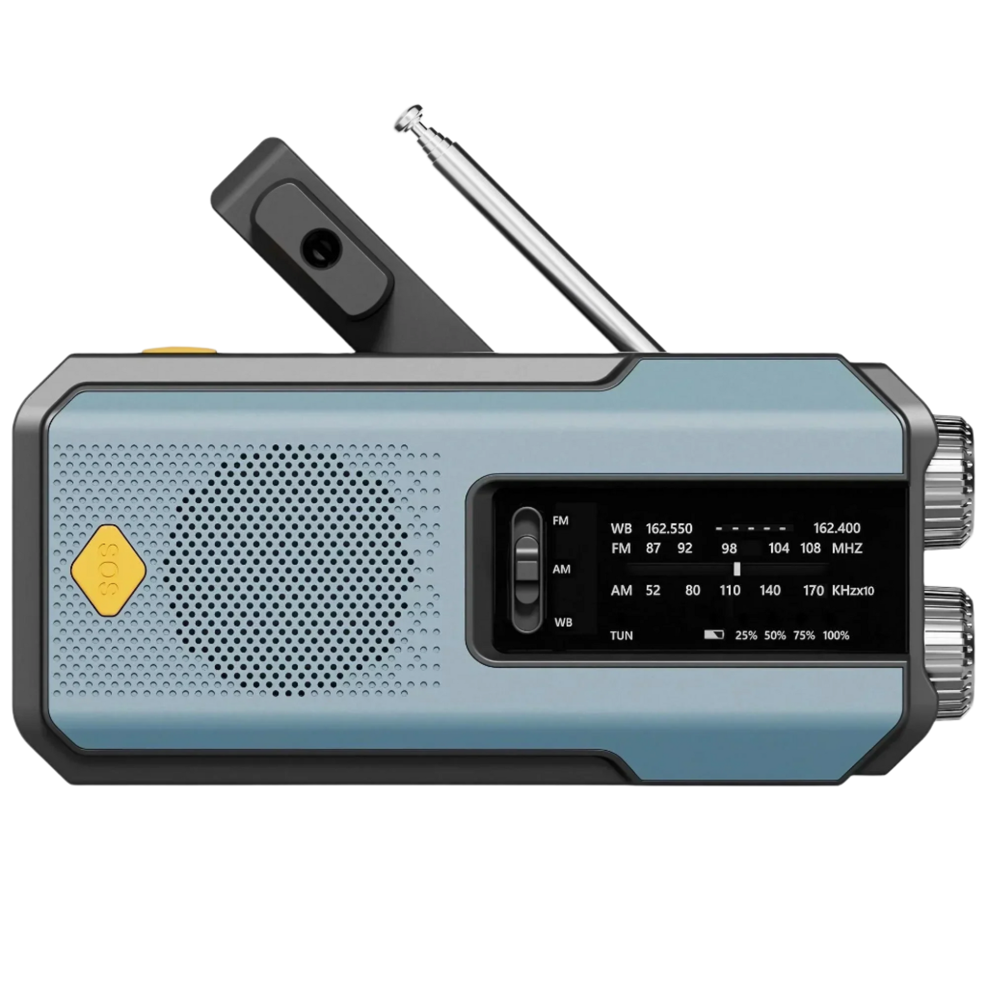 Compact blue emergency radio with SOS alert, USB charging, and LED flashlight – lightweight survival gear