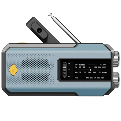 Compact blue emergency radio with SOS alert, USB charging, and LED flashlight – lightweight survival gear