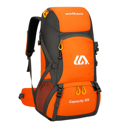 Welkani 50L Waterproof Hiking Backpack in bright orange for high visibility