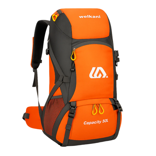 Welkani 50L Waterproof Hiking Backpack in bright orange for high visibility
