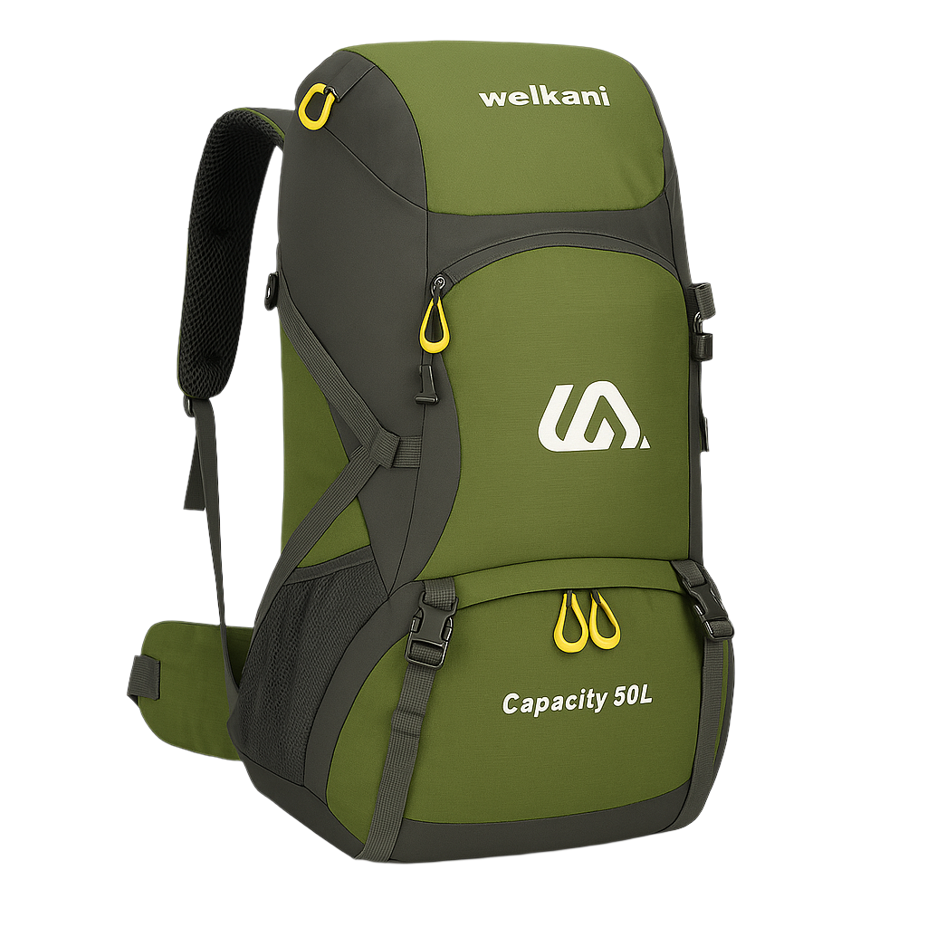 Olive green waterproof hiking backpack – Welkani 50L with outdoor styling