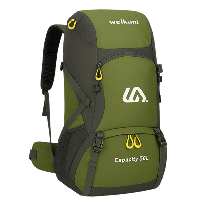 Olive green waterproof hiking backpack – Welkani 50L with outdoor styling