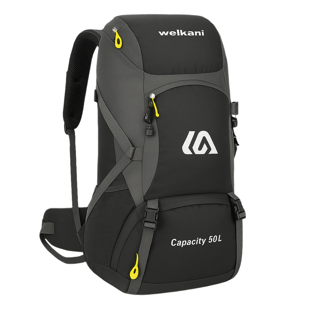 Black Welkani 50L Waterproof Hiking Backpack with tactical design