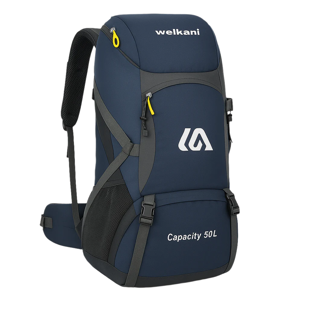 Welkani 50L Hiking Backpack in deep navy blue – waterproof outdoor pack