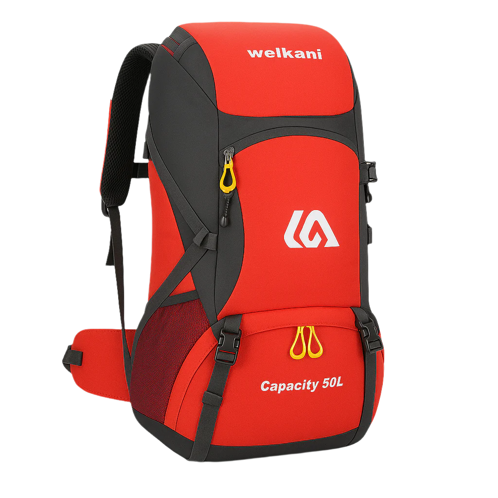 Red waterproof Welkani backpack – 50L hiking capacity with bold color