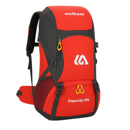 Red waterproof Welkani backpack – 50L hiking capacity with bold color