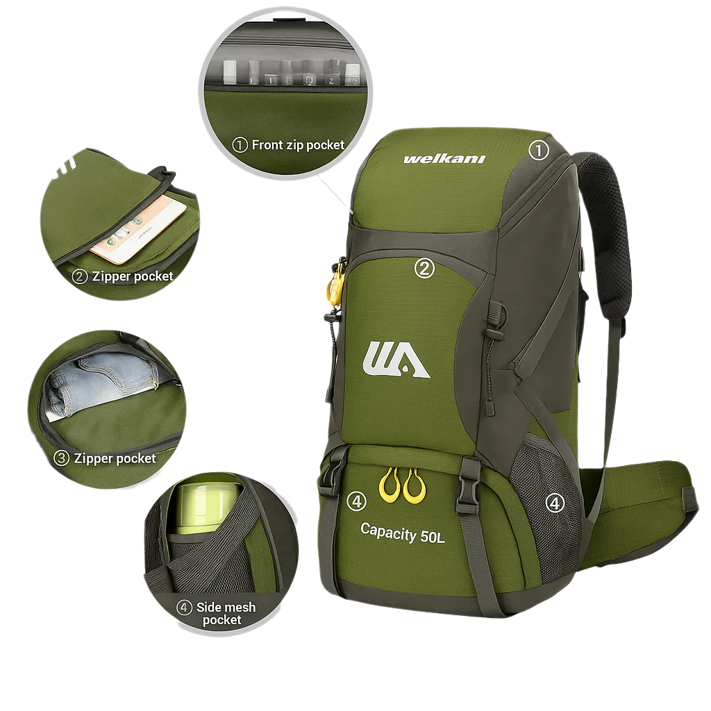 Khaki tactical hiking backpack – Welkani 50L waterproof model for trail use