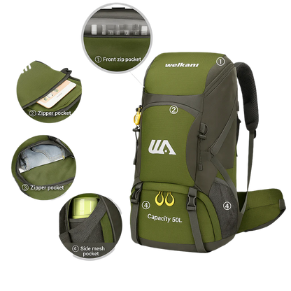 Khaki tactical hiking backpack – Welkani 50L waterproof model for trail use