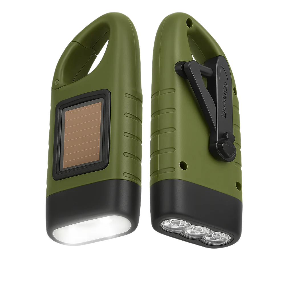Portable LED flashlight with hand crank and solar panel – front view