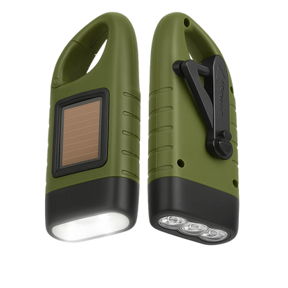 Portable LED flashlight with hand crank and solar panel – front view