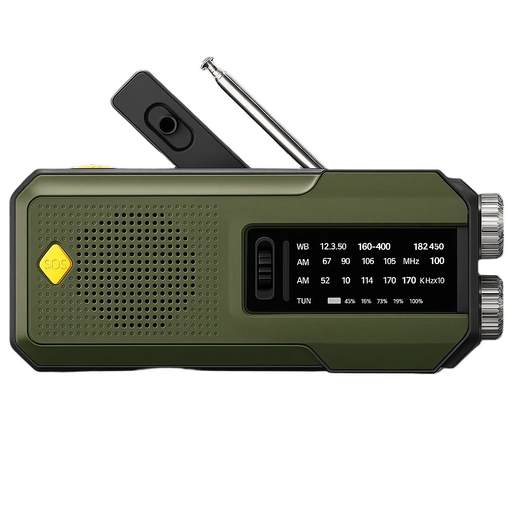 Forest Green emergency NOAA radio with crank, solar power, flashlight, and USB-C charging – standard model