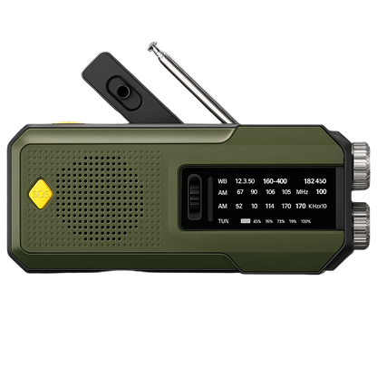 Forest Green emergency NOAA radio with crank, solar power, flashlight, and USB-C charging – standard model