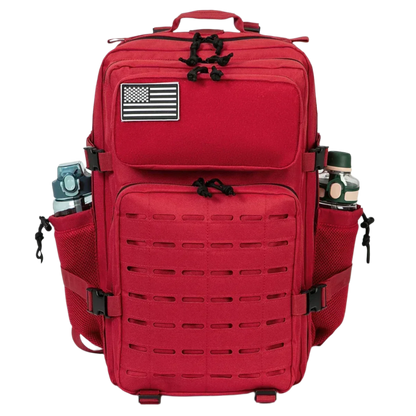 45L Red WardenLite™ Tactical Backpack – bold gym bag with tactical gear layout and dual holders