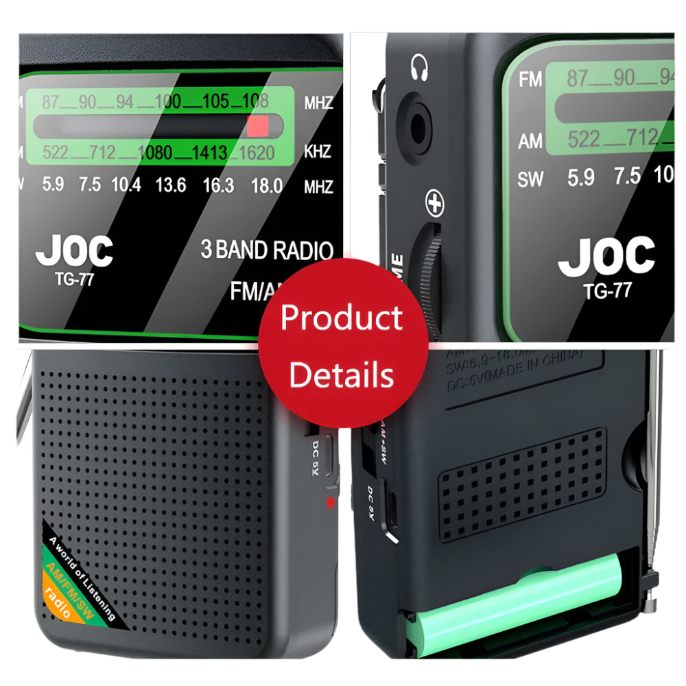 3-bands zakradio – AM/FM/SW, oplaadbaar met hoofdtelefoonaansluiting