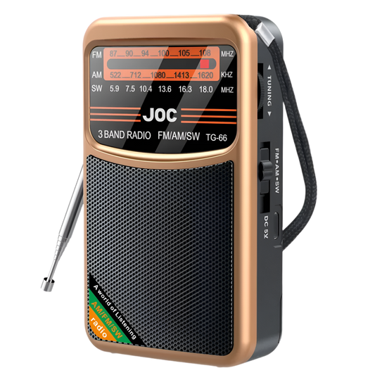 3-band shortwave radio next to cRechargeable AM/FM/SW radio – displayed on tableoffee mug – size comparison
