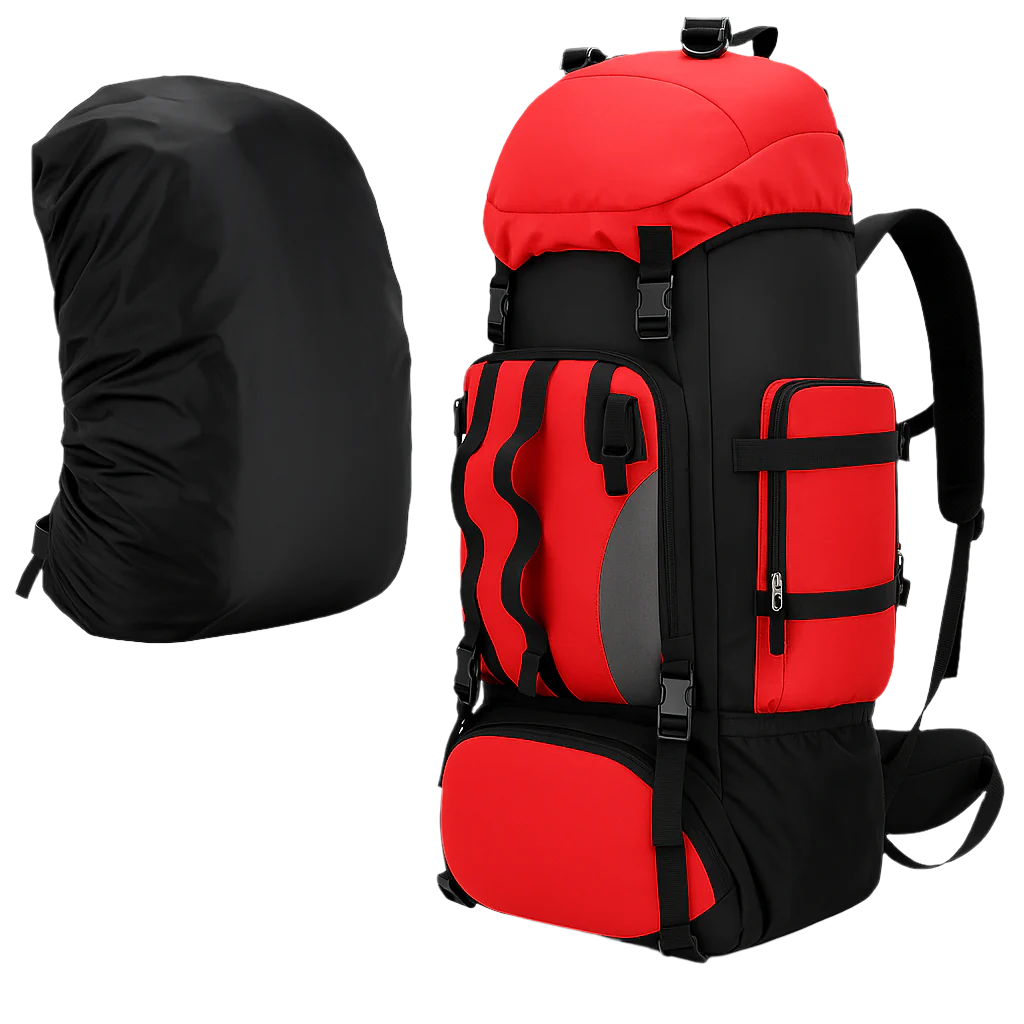 Vanguard 90L Waterproof Tactical Backpack – red exterior with utility zippers