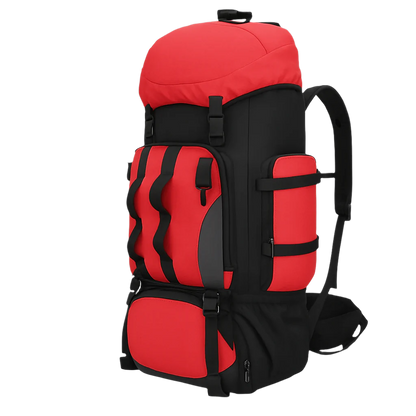 Vanguard 90L red survival backpack – outdoor MOLLE gear layout