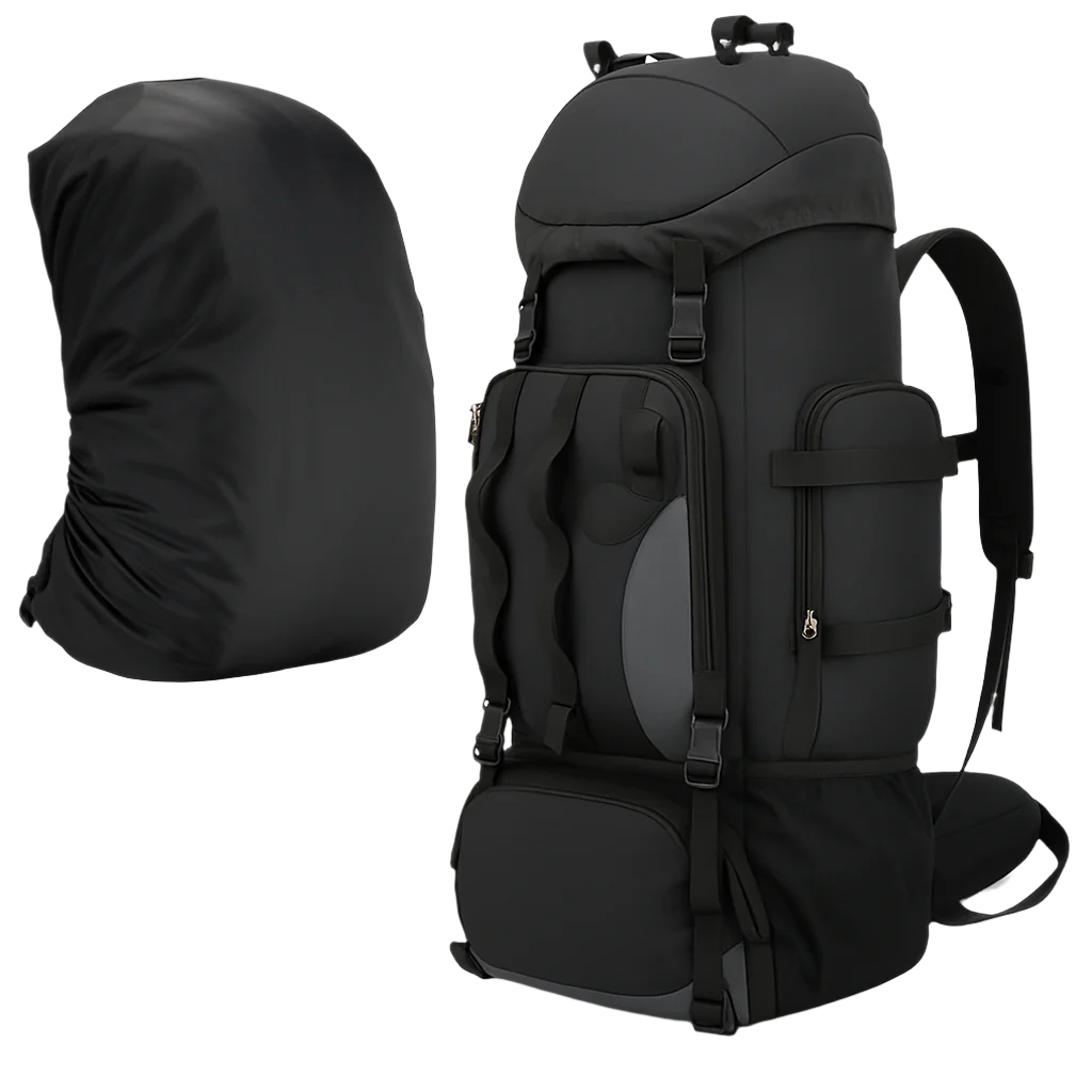 Vanguard 90L tactical backpack – black front view with multi-pocket layout