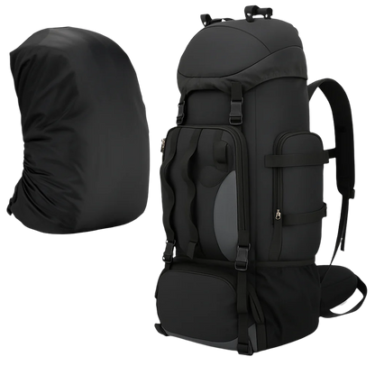 Vanguard 90L tactical backpack – black front view with multi-pocket layout
